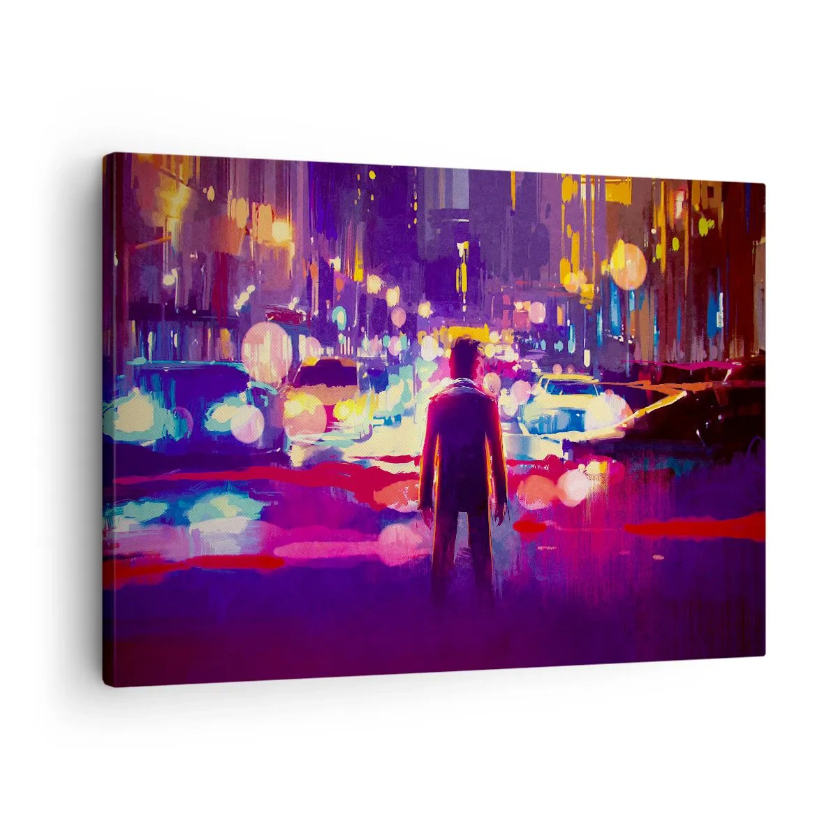 Canvastavla - Bild på duk - En man i en neonstadsnattscen - 70x50cm - Doppad i ljuset - Modern väggdekoration för vardagsrum och sovrum ARTTOR