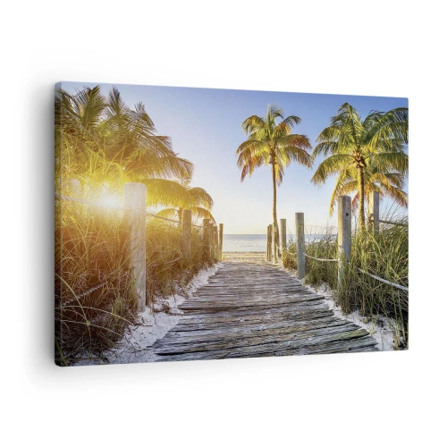 Canvastavla - Bild på duk - Trästig på stranden med palmer i bakgrunden - 70x50cm - Raka vägen till paradiset - Modern väggdekoration för vardagsrum och sovrum ARTTOR