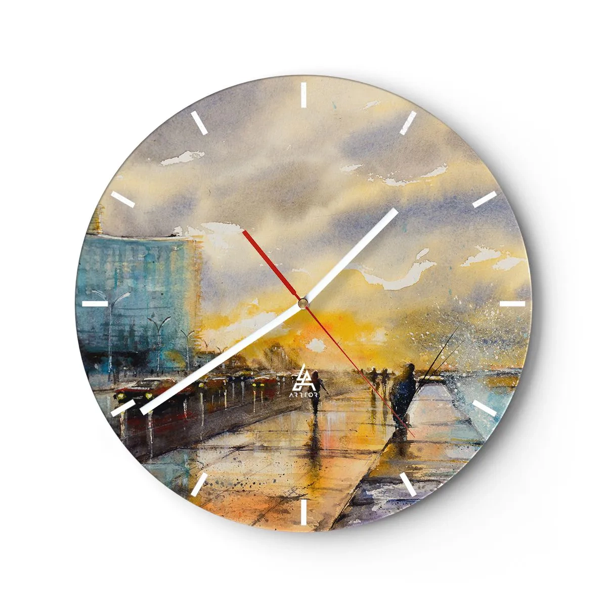 Väggklocka - Klocka på glas - En promenad längs strandpromenaden i skymningen - 30x30cm - Livet på stranden - Modern väggdekoration för vardagsrum, kök och sovrum ARTTOR