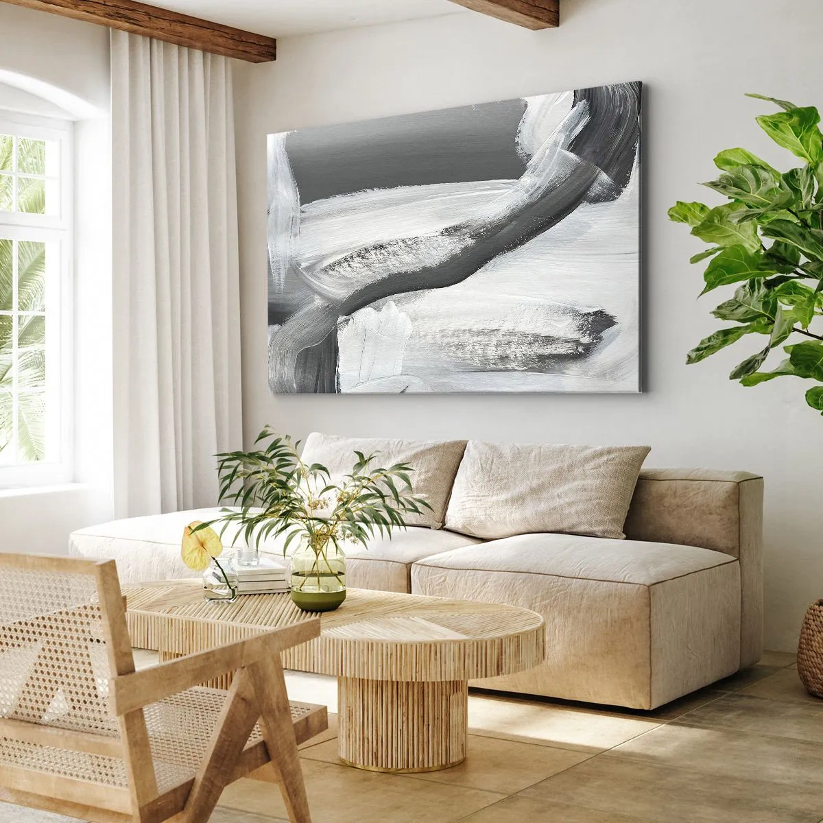 Canvastavla - Bild på duk - Grå och vit abstraktion med dynamiska linjer - 70x50cm - Med bestämd rörelse - Modern väggdekoration för vardagsrum och sovrum ARTTOR