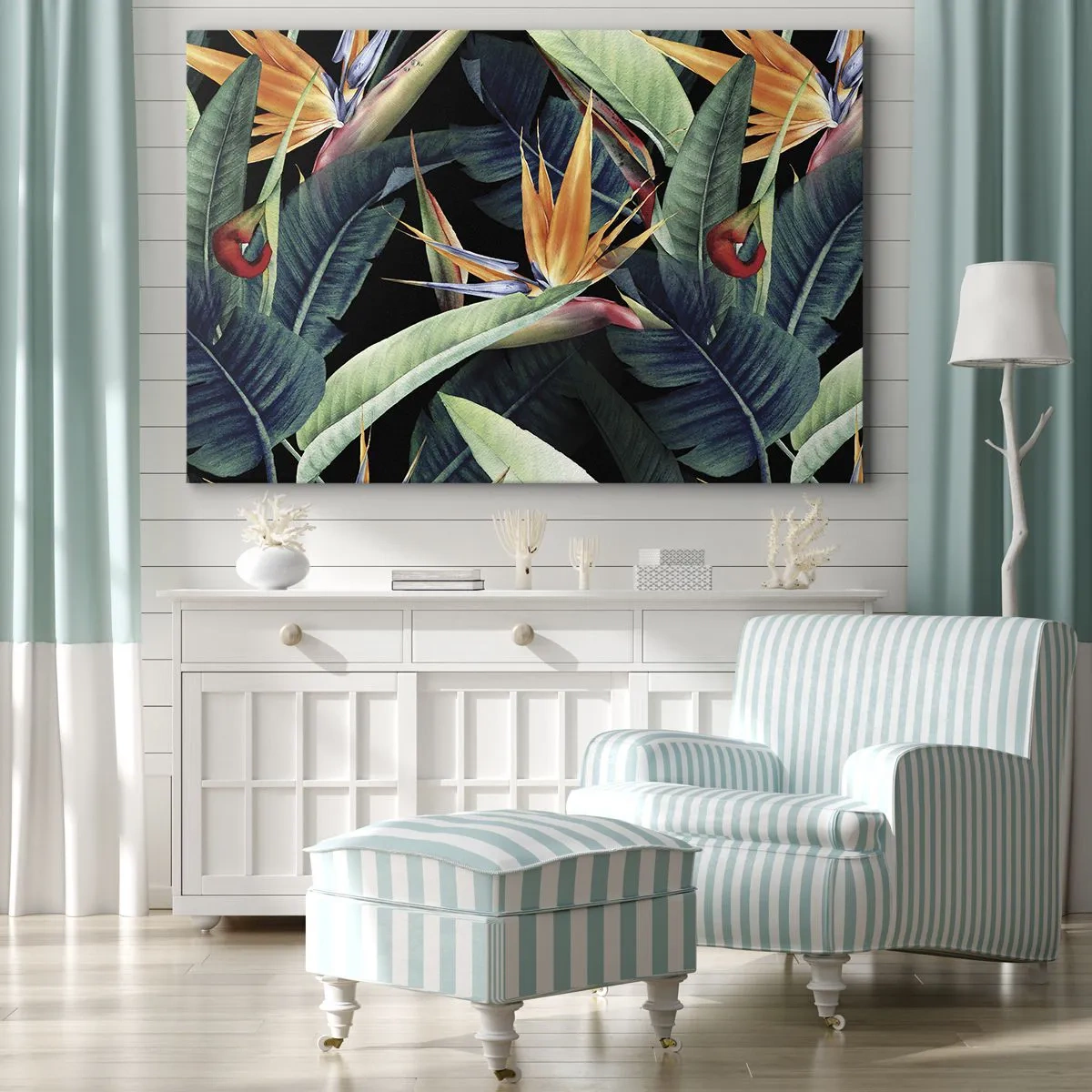 Canvastavla - Bild på duk - Tropiska blommor och blad på svart bakgrund - 70x50cm - Tropikens brinnande blommor - Modern väggdekoration för vardagsrum och sovrum ARTTOR