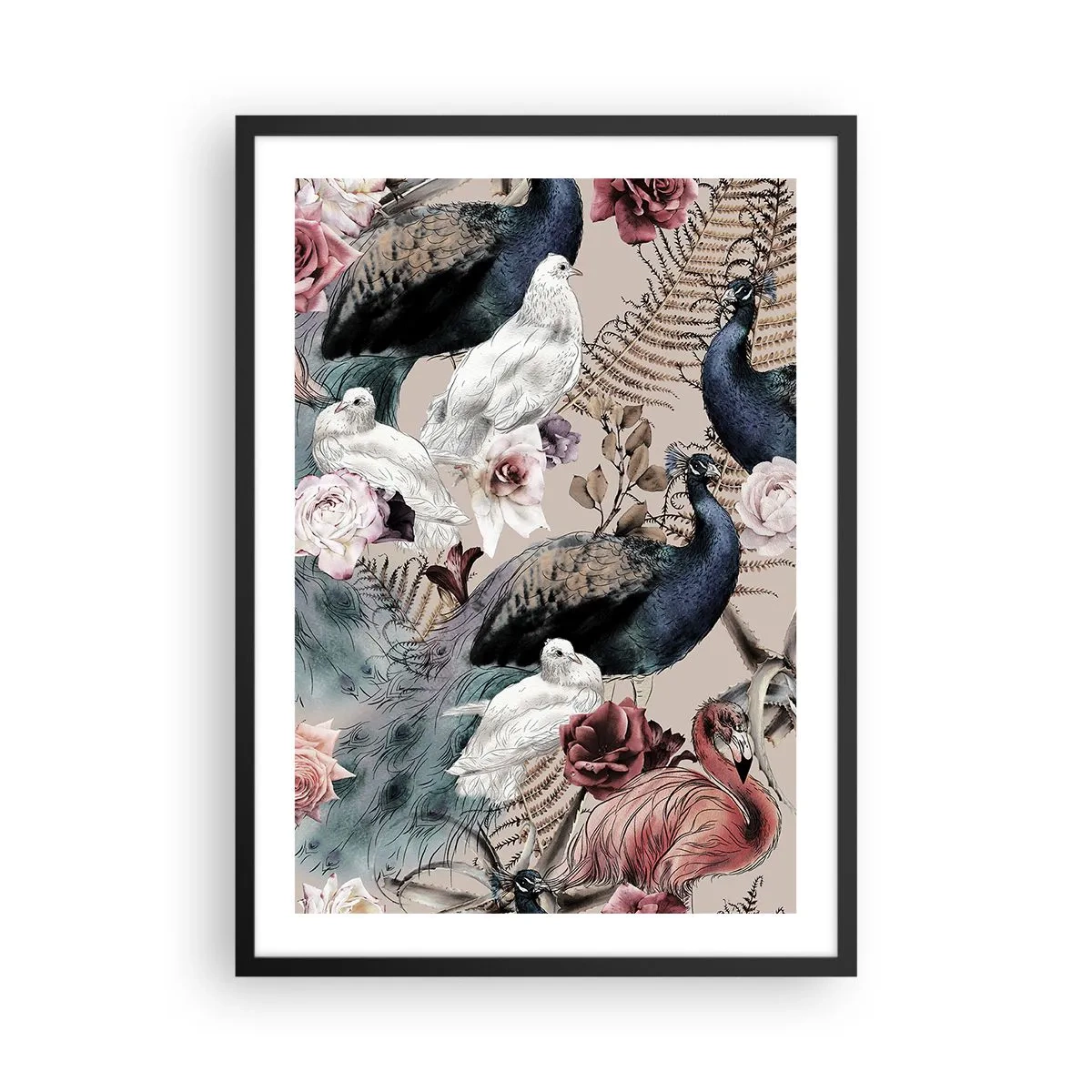 Affisch i svart ram - Färgglada fåglar och blommor på en beige bakgrund - 50x70cm - I palatsträdgården - Modern väggdekoration för vardagsrum och sovrum ARTTOR