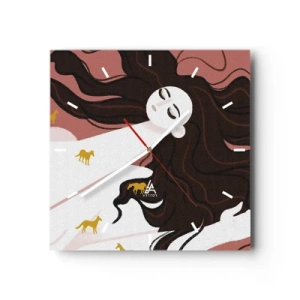 Väggklocka - Klocka på glas - Dröm om en gyllene häst - 30x30 cm