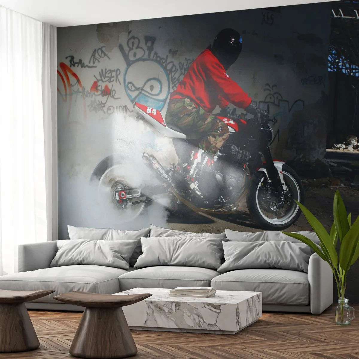 Självhäftande Fototapet Deluxe Sticker - Jaga mig! - Bil, Motorcykel, Graffiti - 250x175 cm