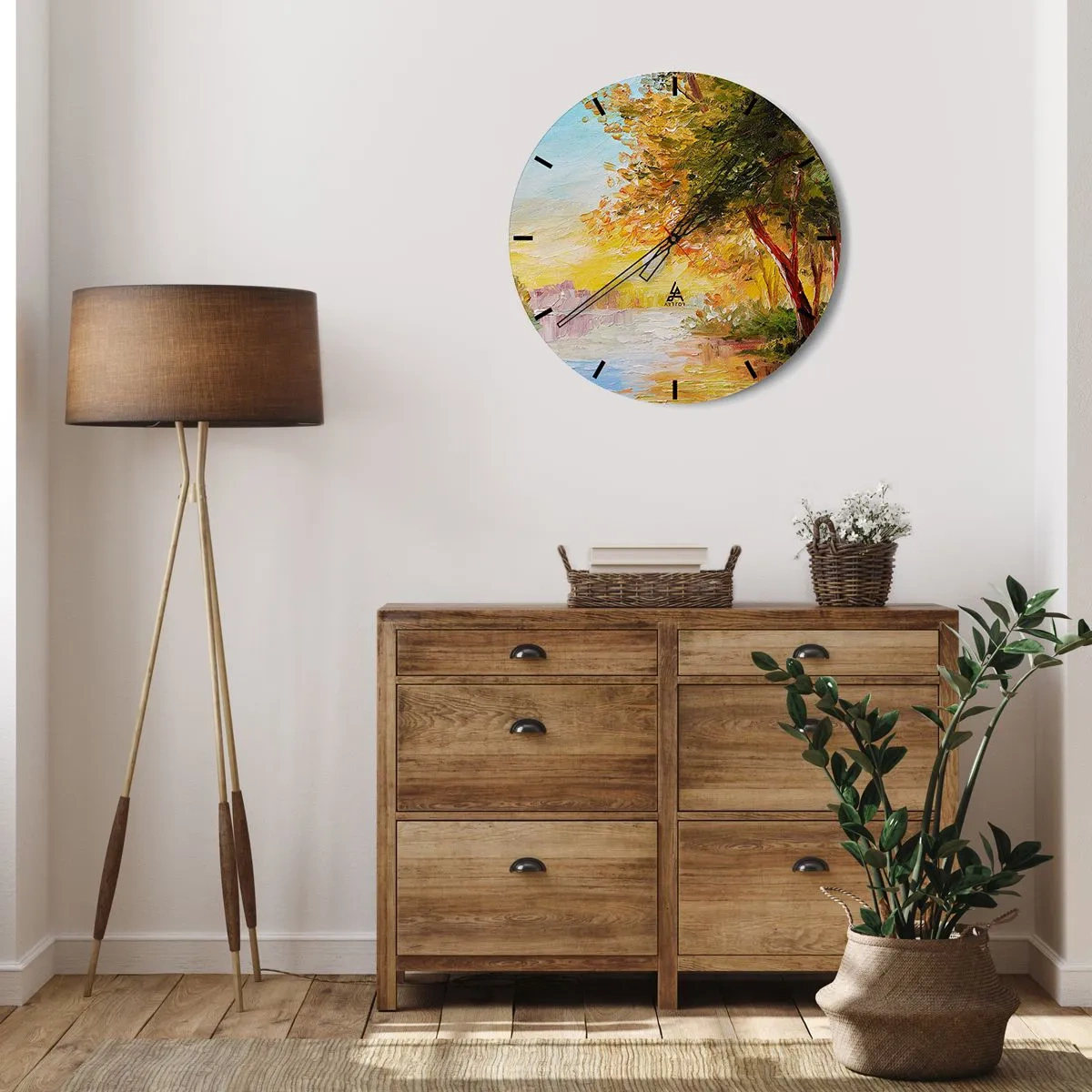 Väggklocka - Klocka på glas - Höstträd vid floden i det varma solljuset - 30x30cm - Et in Arcadia ego - Modern väggdekoration för vardagsrum, kök och sovrum ARTTOR