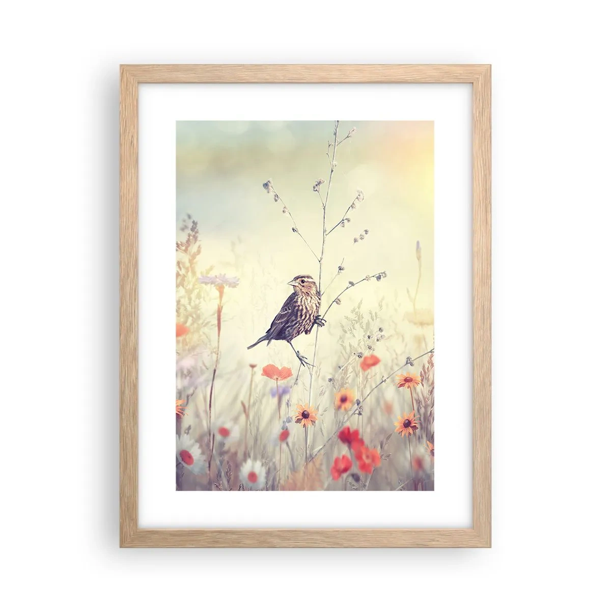 Affisch i ram av ljusek - Fågelporträtt med en äng i bakgrunden - 30x40 cm
