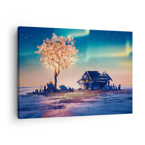 Canvastavla - Bild på duk - Ett hus och ett blommande träd under natthimlen - 70x50cm - Naturen är tidlös - Modern väggdekoration för vardagsrum och sovrum ARTTOR