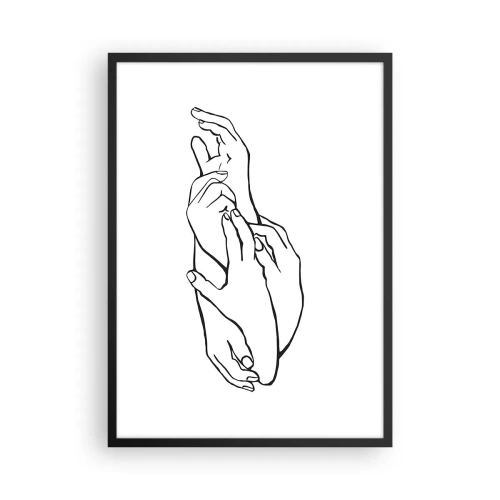 Affisch i svart ram - En minimalistisk skiss av knäppta händer mot en vit bakgrund. - 50x70cm - Hand i hand - Modern väggdekoration för vardagsrum och sovrum ARTTOR