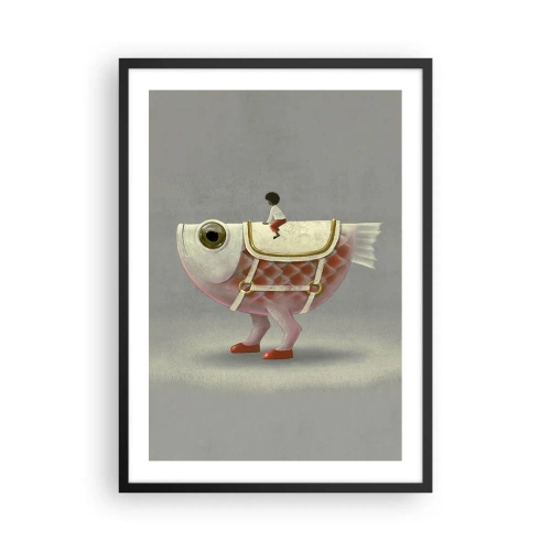 Affisch i svart ram - En fantasifisk med sadel och figur på grå bakgrund - 50x70cm - Fiskryttare - Modern väggdekoration för vardagsrum och sovrum ARTTOR