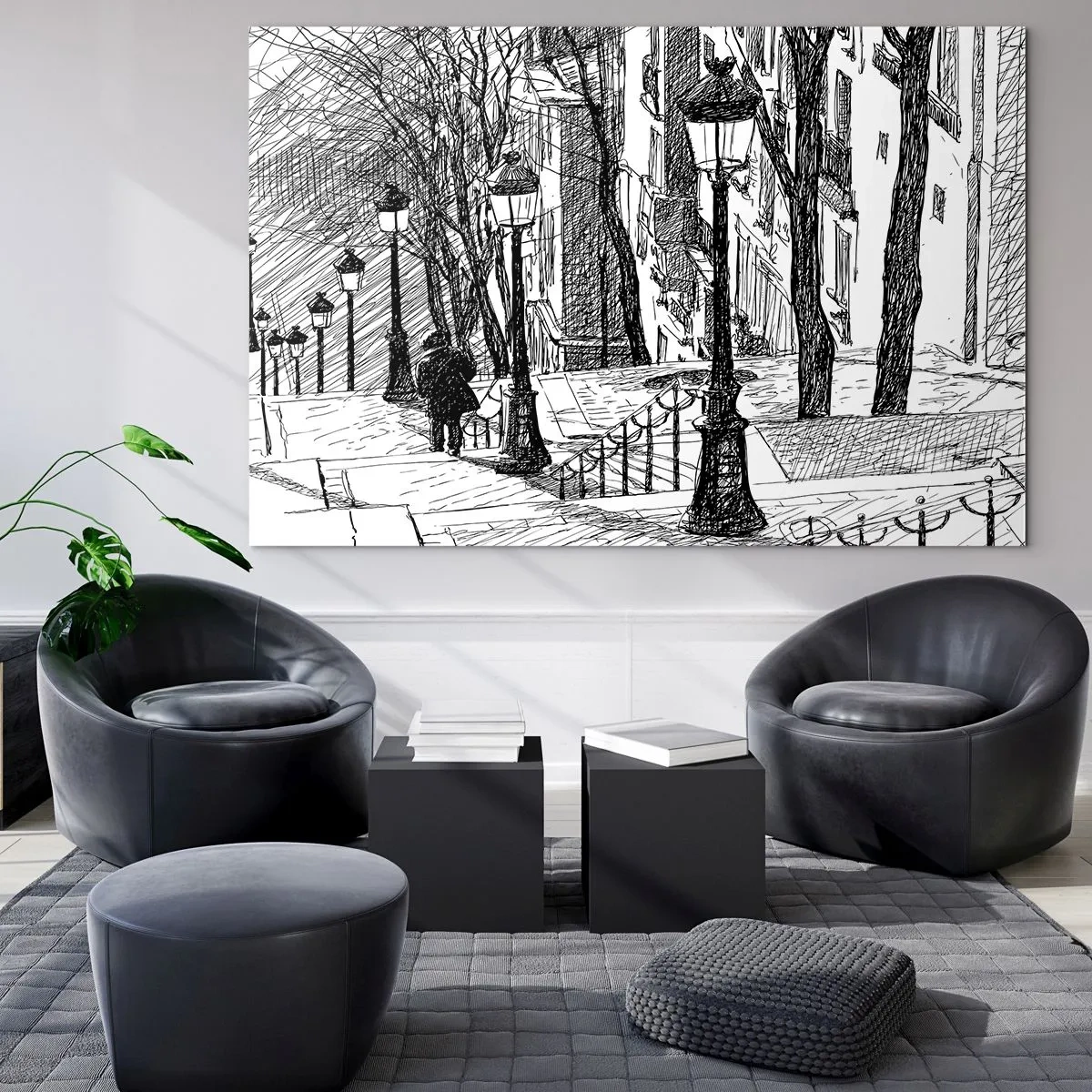 Glastavla - Bild på glas - Svartvit teckning av en stadsgata med lyktor - 70x50cm - Kärlekshistoria eller rysare? - Modern väggdekoration för vardagsrum och sovrum ARTTOR
