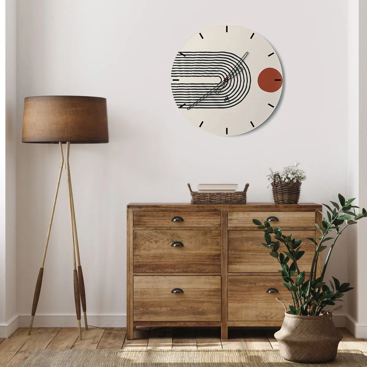 Väggklocka - Klocka på glas - Geometrisk abstraktion med ränder och färgblock mot en ljus bakgrund - 30x30cm - Formernas och färgernas magnetism - Modern väggdekoration för vardagsrum, kök och sovrum ARTTOR