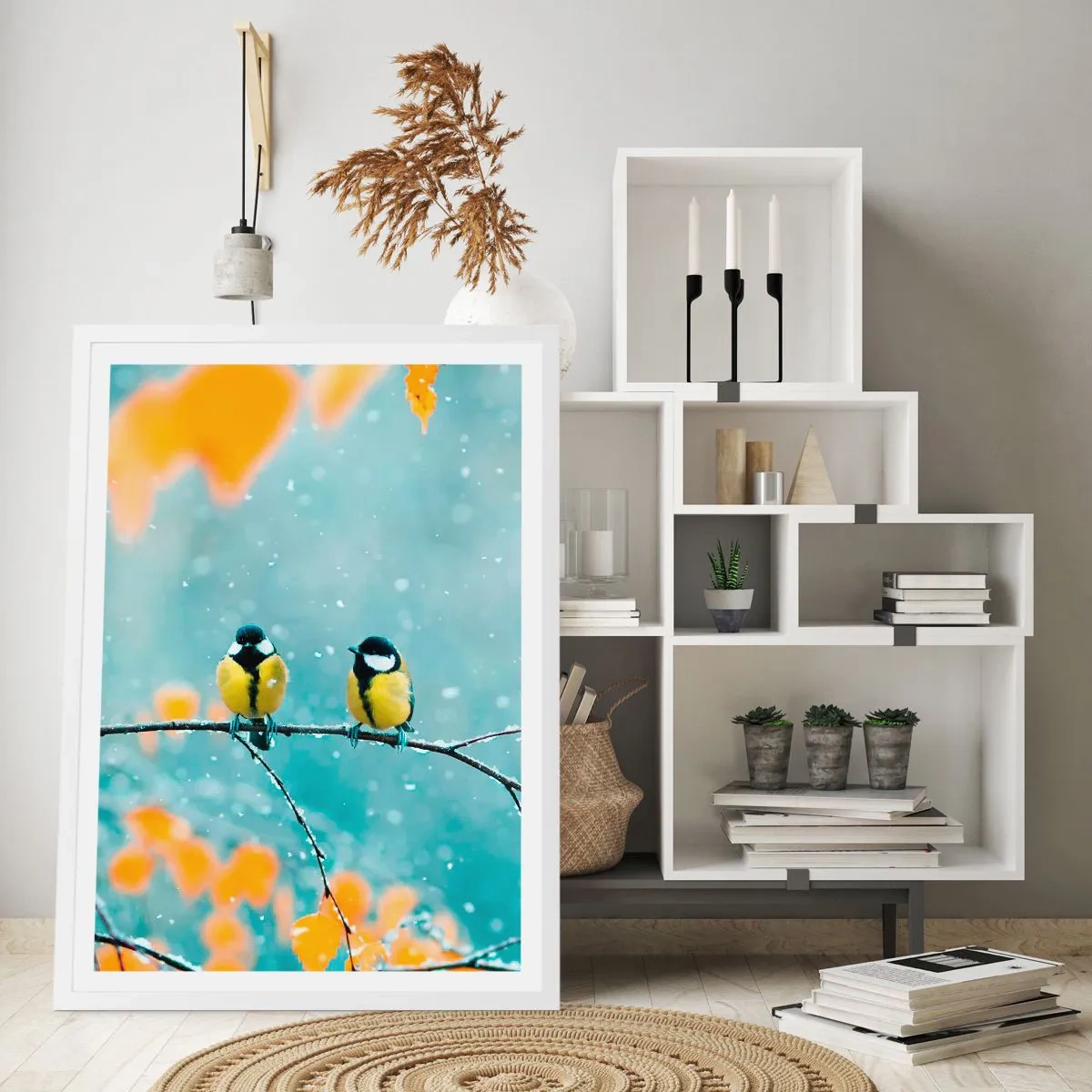 Affisch i vit ram - Fåglarnas skvaller - 70x100 cm