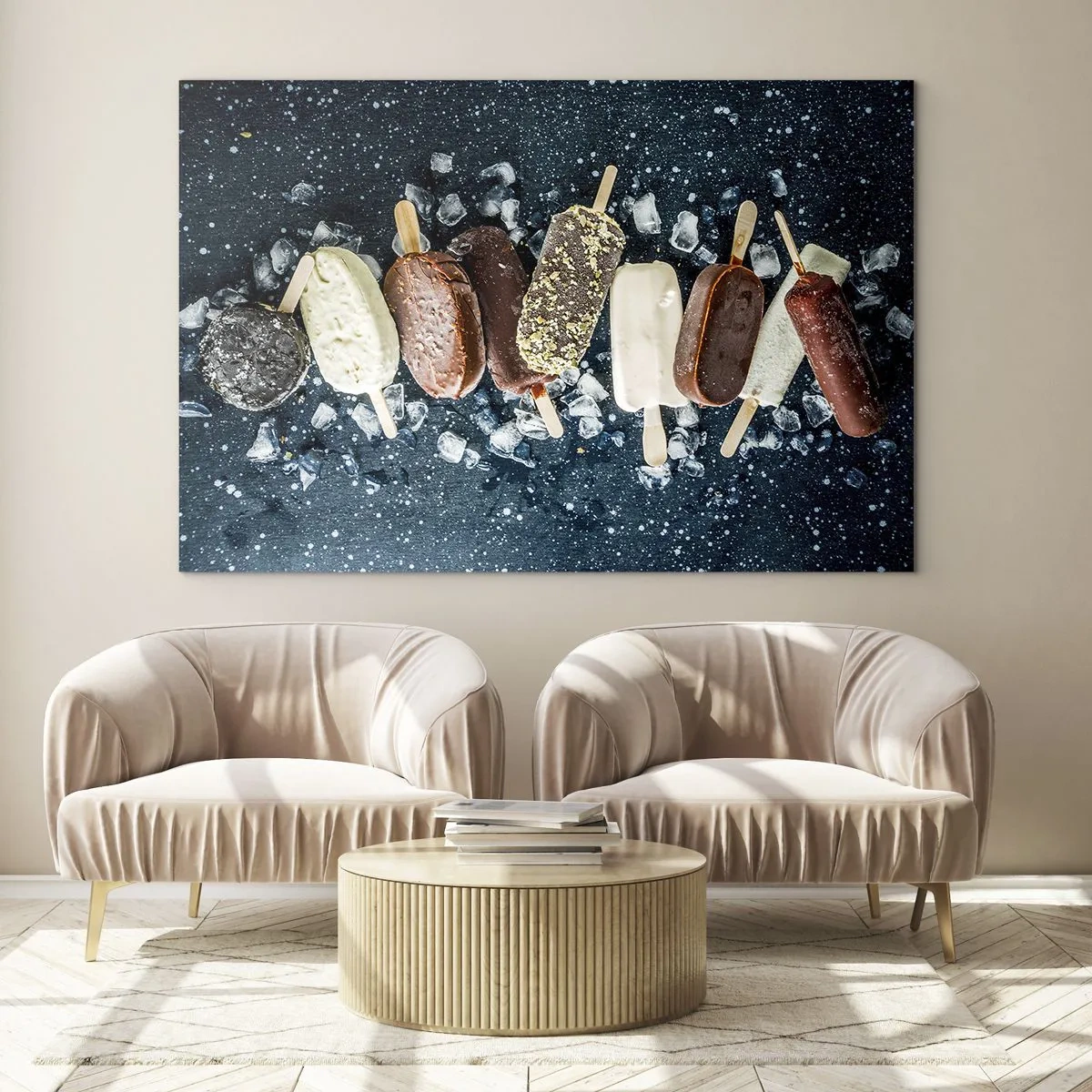 Glastavla - Bild på glas - Glassglass i olika smaker arrangerade på isbitar - 70x50cm - Smak av varm sommar - Modern väggdekoration för vardagsrum och sovrum ARTTOR