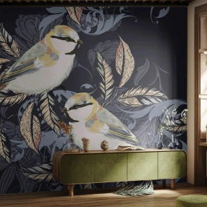 Fototapet Premium Sand - Gul-grå fågelsång - Abstraktion, Fåglar, Löv - 300x210 cm