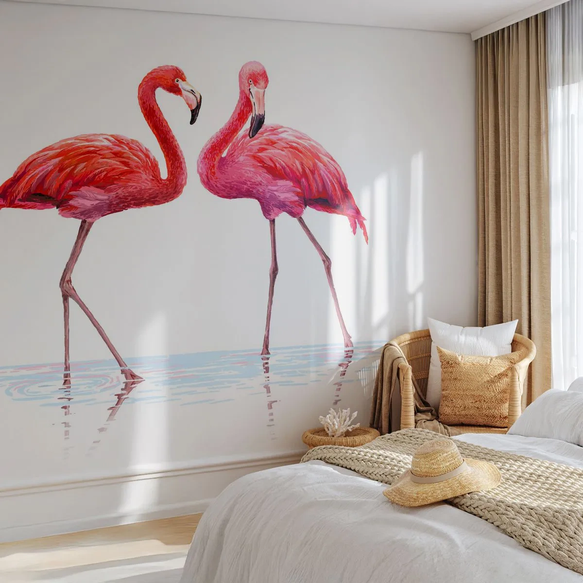 Fototapet Premium Sand - Rosa rendez-vous - Flamingos, Fåglar, Bit - 100x70 cm