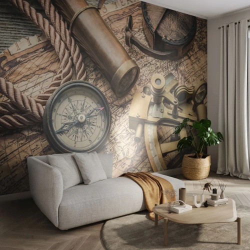 Självhäftande Fototapet Deluxe Sticker - Sätt ut kursen - Nautisk, Världskarta, Kompass - 200x140 cm