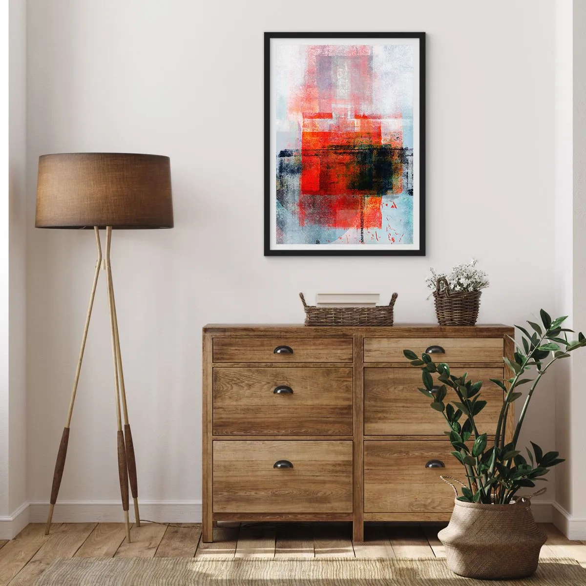 Affisch i svart ram - Geometrisk abstraktion i intensiva röda nyanser - 50x70cm - Glödande komposition - Modern väggdekoration för vardagsrum och sovrum ARTTOR