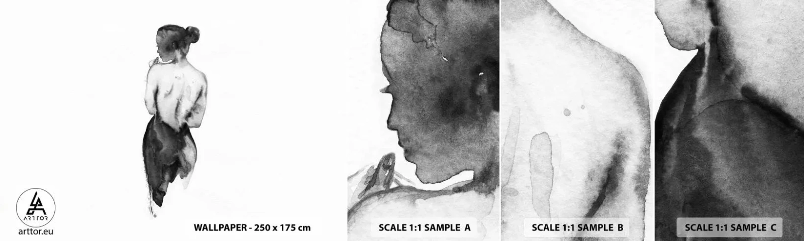 Provbit av självhäftande fototapet Deluxe Sticker - Världen försvinner i hennes närvaro - Kvinna, Kvinnans kropp, Grafik - 100x30 cm