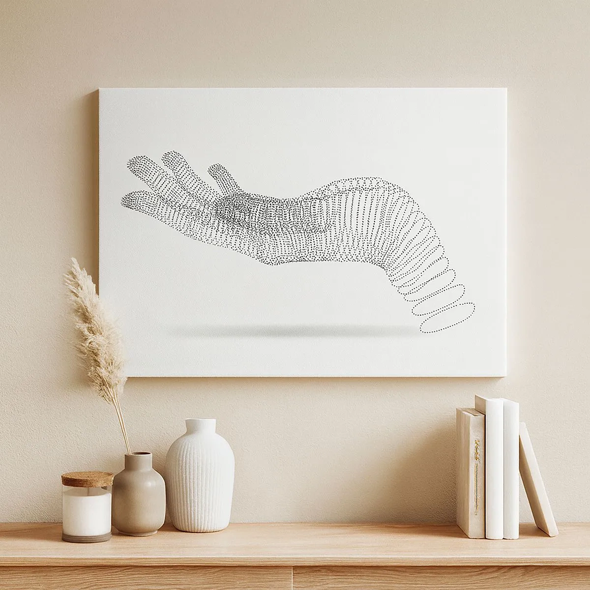 Canvastavla - Bild på duk - En minimalistisk illustration av en hand gjord av svarta prickar på en vit bakgrund. - 70x50cm - En spänstig hand - Modern väggdekoration för vardagsrum och sovrum ARTTOR