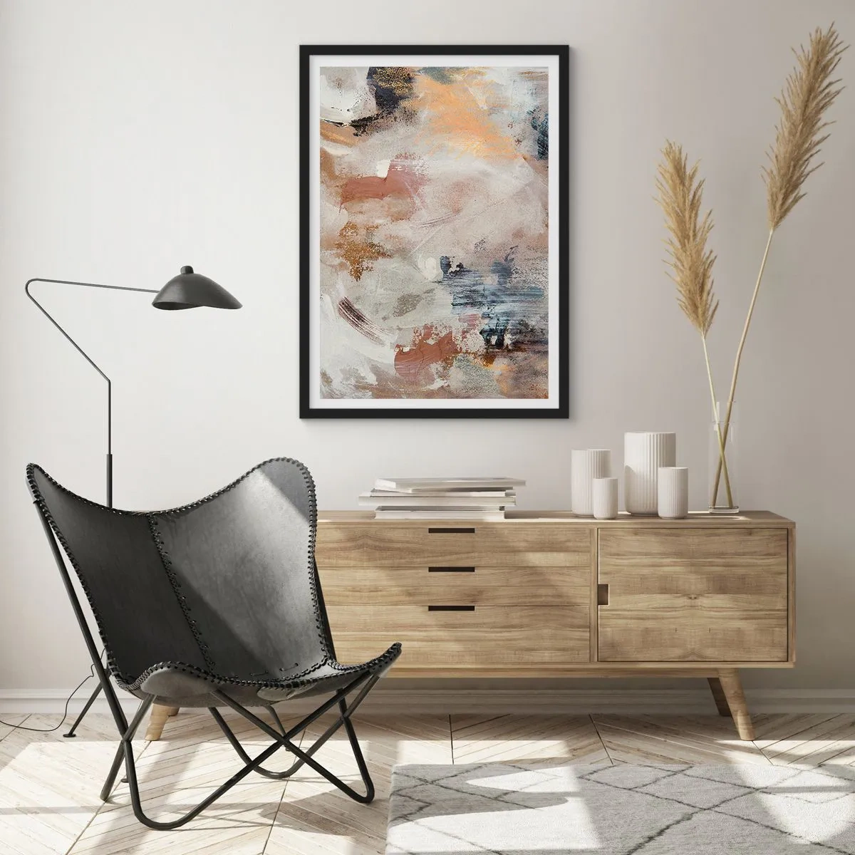 Affisch i svart ram - En abstrakt komposition i varma, jordnära färger. - 50x70cm - Dimmig abstraktion - Modern väggdekoration för vardagsrum och sovrum ARTTOR