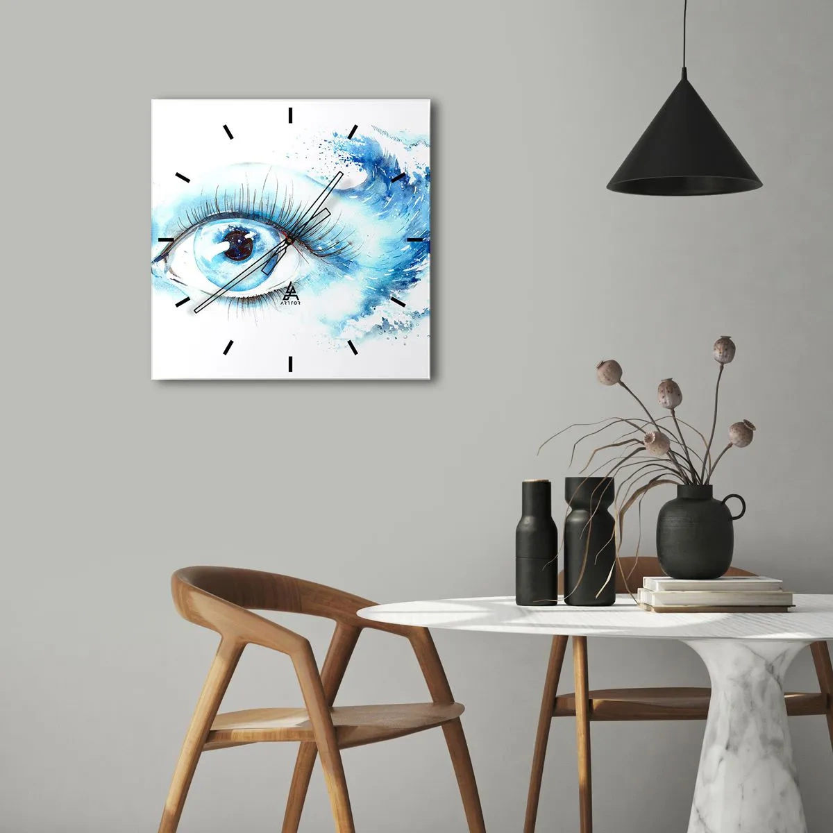 Väggklocka - Klocka på glas - Doppa sig i den blåa blicken - 30x30 cm