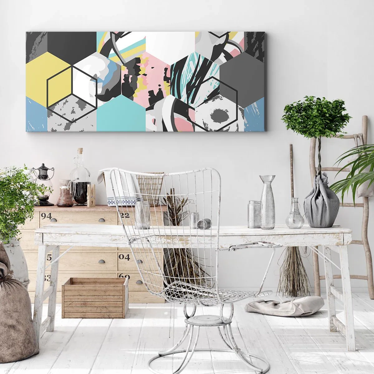 Canvastavla - Bild på duk - Sexkanter och kuber i sex färger - 160x50 cm