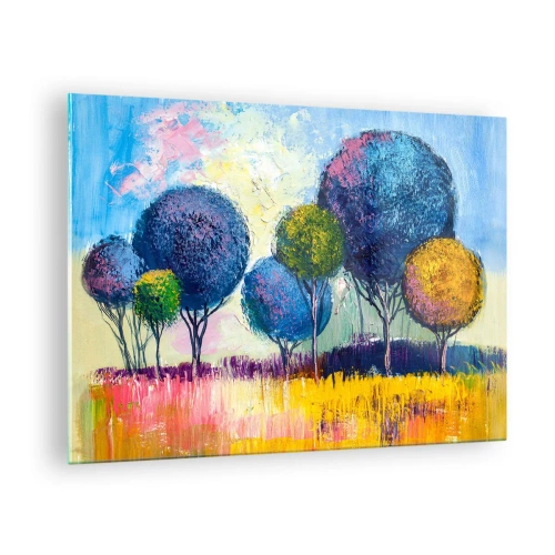 Glastavla - Bild på glas - Färgglada träd mot en abstrakt landskapsbakgrund - 70x50cm - Kula - den perfekta formen - Modern väggdekoration för vardagsrum och sovrum ARTTOR