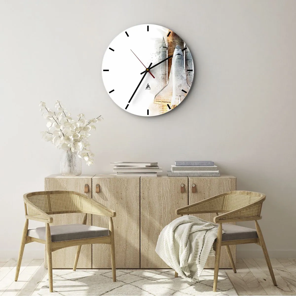 Väggklocka - Klocka på glas - Raketuppskjutning i akvarellstil på vit bakgrund - 30x30cm - Upptäckare efter start - Modern väggdekoration för vardagsrum, kök och sovrum ARTTOR