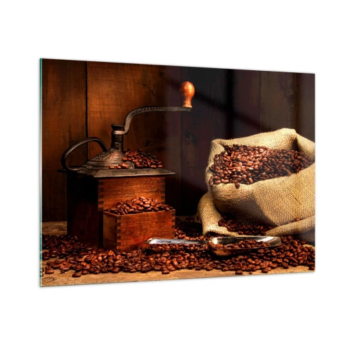 Glastavla - Bild på glas - Stilleben med kaffebönor och kvarn - 100x70 cm