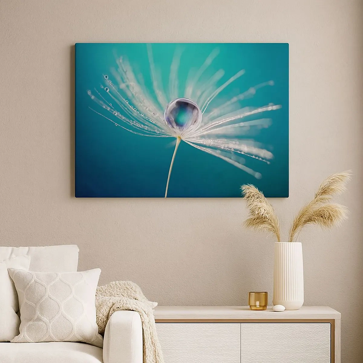 Canvastavla - Bild på duk - Makro av en droppe vatten på ett ömtåligt maskrosfrö - 70x50cm - Mystisk stund - Modern väggdekoration för vardagsrum och sovrum ARTTOR
