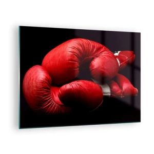 Glastavla - Bild på glas - Röda boxningshandskar på svart bakgrund - 70x50cm - Kampens emotioner bakom oss - Modern väggdekoration för vardagsrum och sovrum ARTTOR