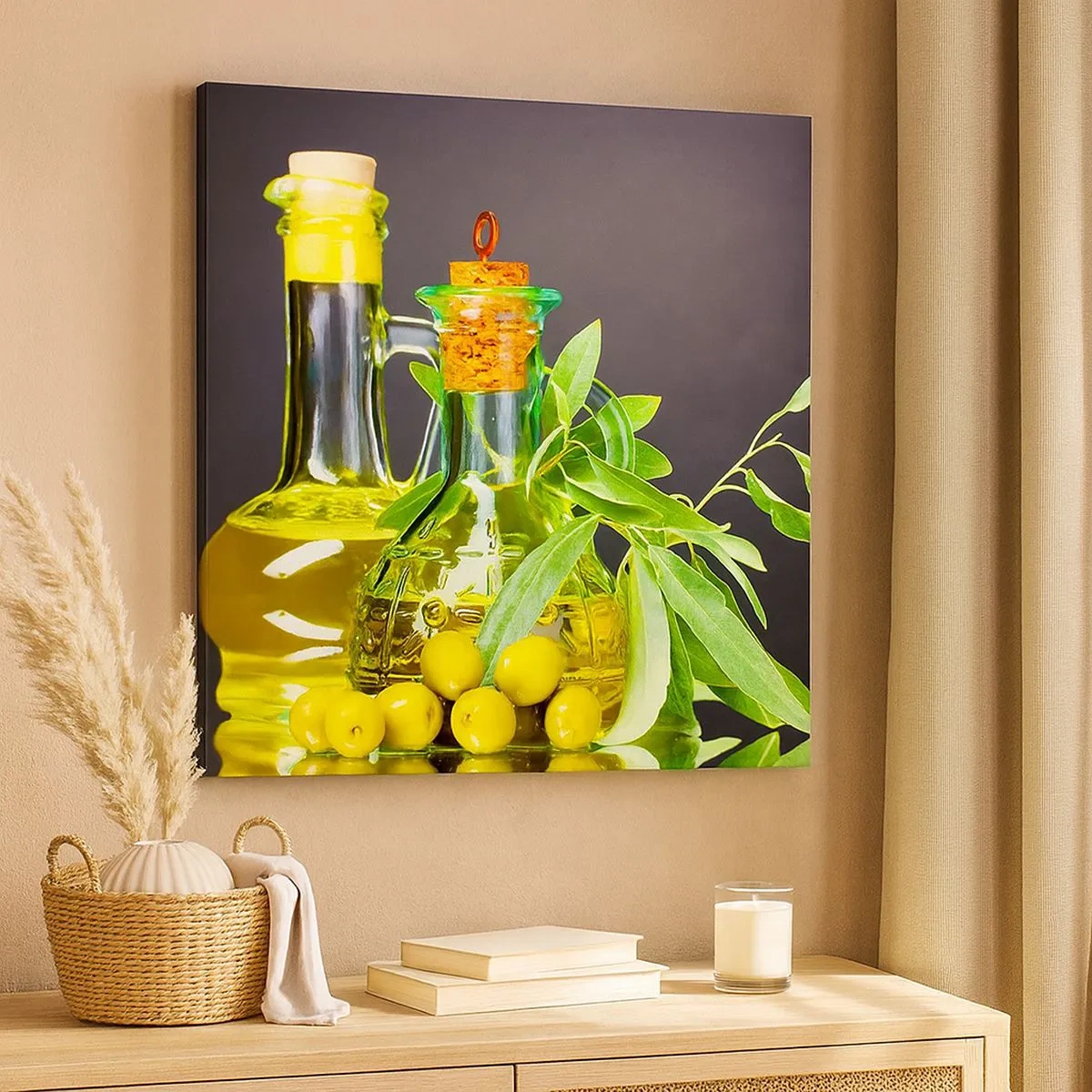 Canvastavla - Bild på duk - Stilleben med oliver och olivolja - 30x30 cm