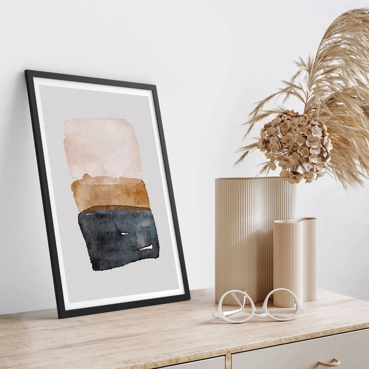 Affisch i svart ram - Abstrakt akvarell i jordnära toner - 50x70cm - Komposition av jordens färger - Modern väggdekoration för vardagsrum och sovrum ARTTOR