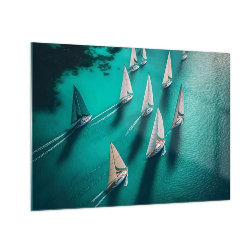 Glastavla - Bild på glas - Segelbåtar på turkost vatten fångade från ett fågelperspektiv - 70x50cm - Tävla med vinden - Modern väggdekoration för vardagsrum och sovrum ARTTOR