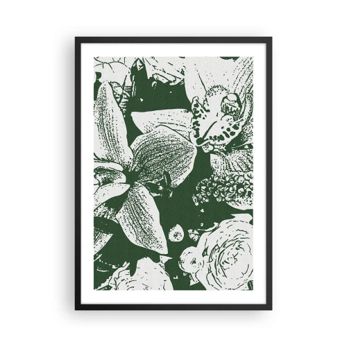 Affisch i svart ram - Botanisk illustration av blommor och blad i kontrasterande färger - 50x70cm - Bukett - en värld av grönska - Modern väggdekoration för vardagsrum och sovrum ARTTOR