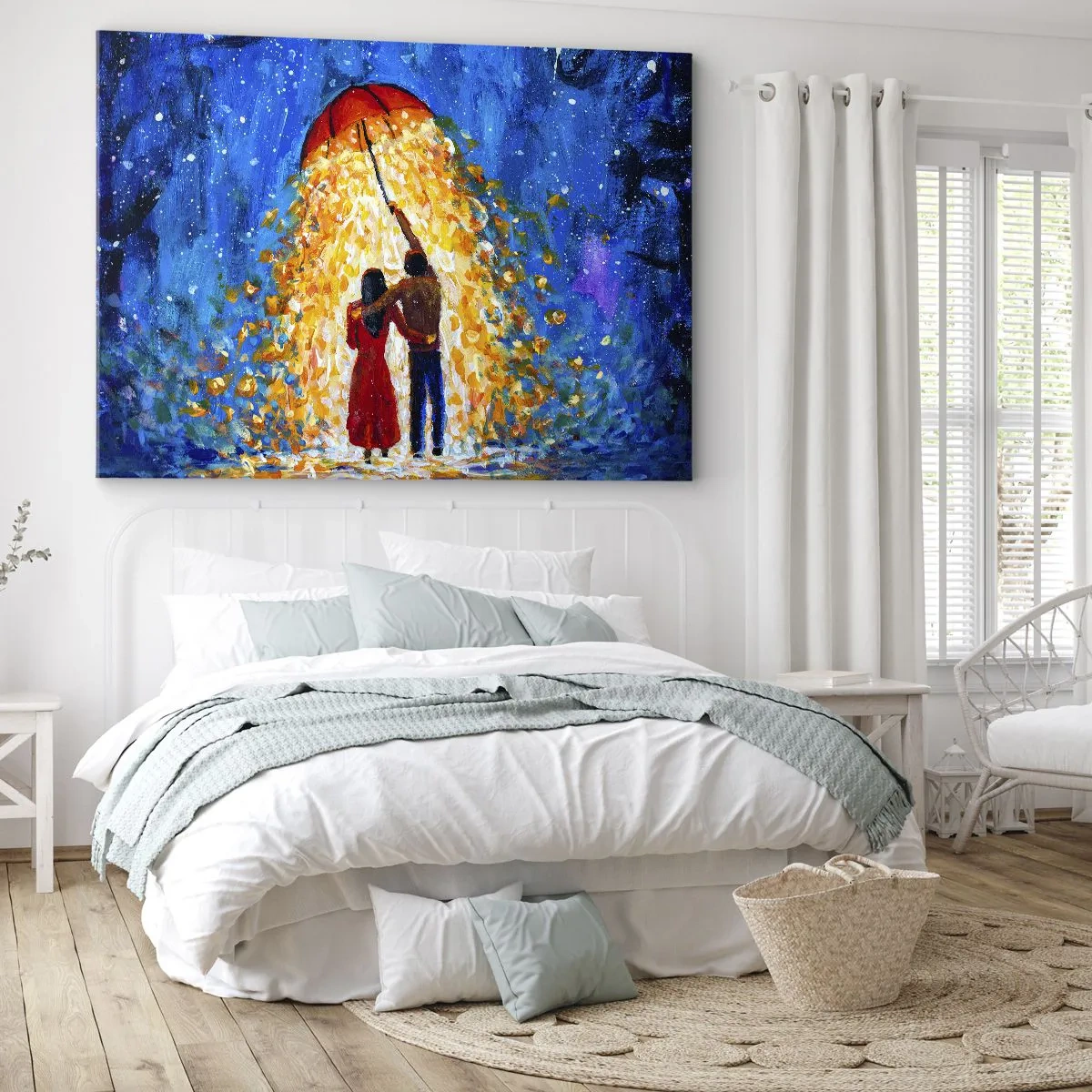 Canvastavla - Bild på duk - Ett par under ett rött paraply i det lysande regnet - 70x50cm - Magi på en regnig kväll? - Modern väggdekoration för vardagsrum och sovrum ARTTOR