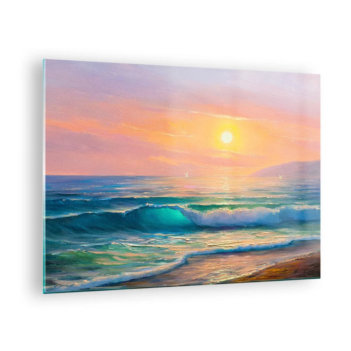 Glastavla - Bild på glas - Havslandskap med vågor och en solnedgång i turkosa nyanser - 70x50cm - Vågvisa i turkos - Modern väggdekoration för vardagsrum och sovrum ARTTOR