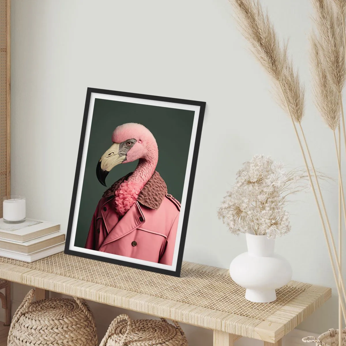 Affisch i svart ram - En snygg flamingo i en elegant kappa - 50x70cm - Riktig elegant - Modern väggdekoration för vardagsrum och sovrum ARTTOR