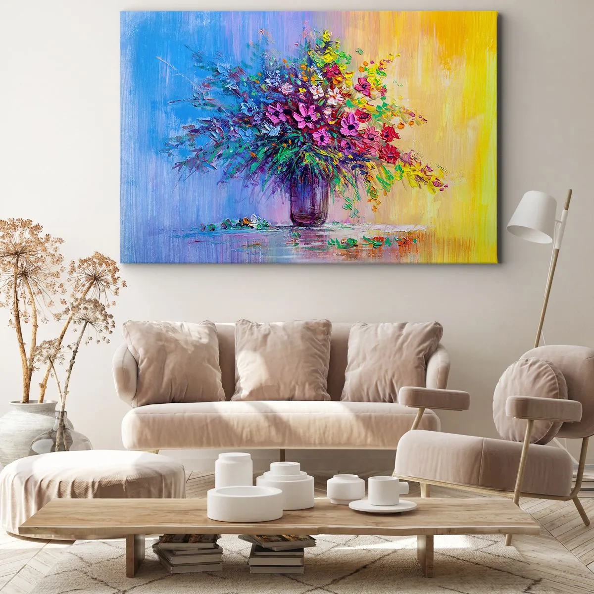 Canvastavla - Bild på duk - En färgglad blombukett i en vas mot en tonad bakgrund - 70x50cm - Sommarängens gåva - Modern väggdekoration för vardagsrum och sovrum ARTTOR
