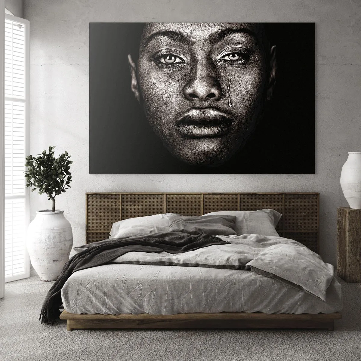 Glastavla - Bild på glas - Känslosamt porträtt av en kvinna med en tår på kinden - 70x50cm - En tår - Modern väggdekoration för vardagsrum och sovrum ARTTOR