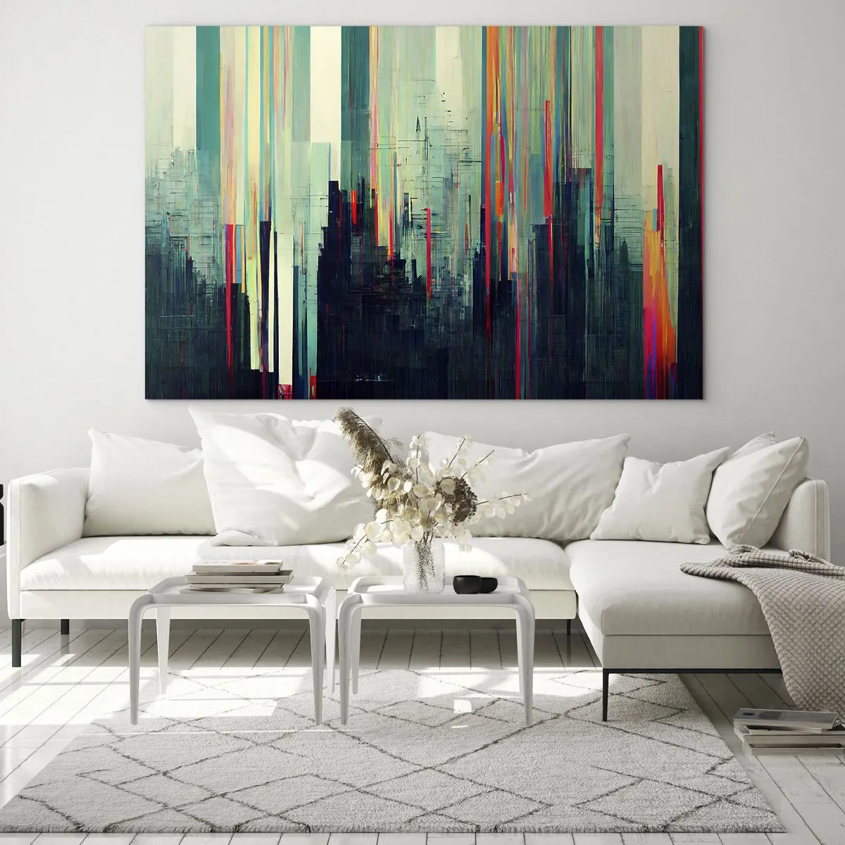 Glastavla - Bild på glas - Vertikala färgade linjer bildar konturerna av en futuristisk metropol. - 70x50cm - Futuristisk stad - Modern väggdekoration för vardagsrum och sovrum ARTTOR