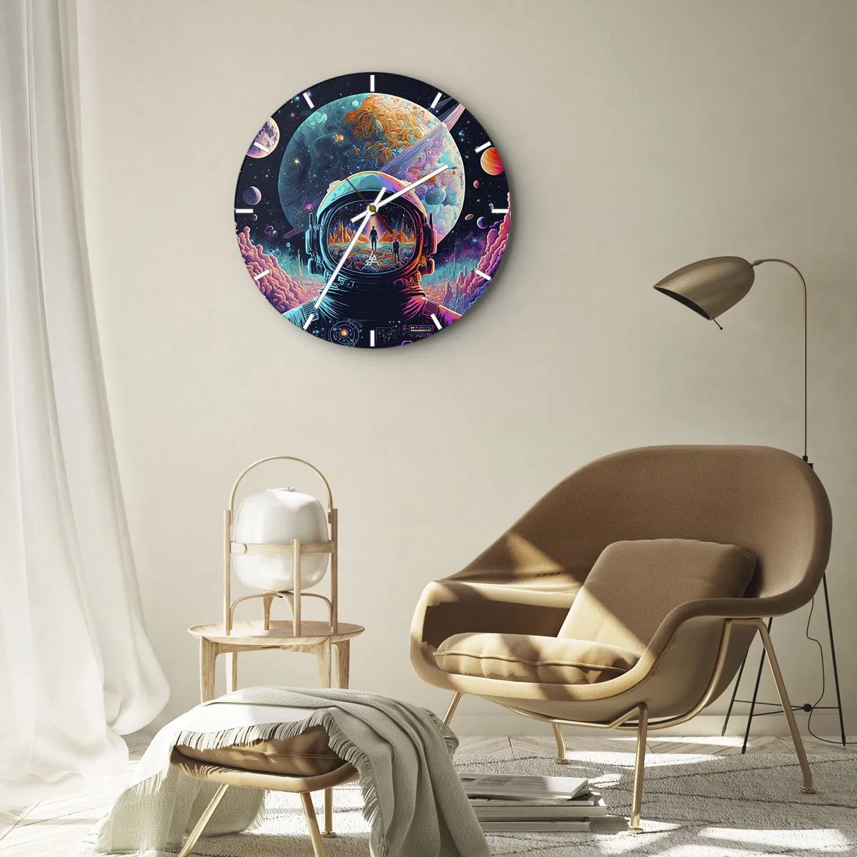 Väggklocka - Klocka på glas - Astronaut i färgglatt rymd med planetreflektion - 30x30cm - Filosofer har aldrig drömt - Modern väggdekoration för vardagsrum, kök och sovrum ARTTOR