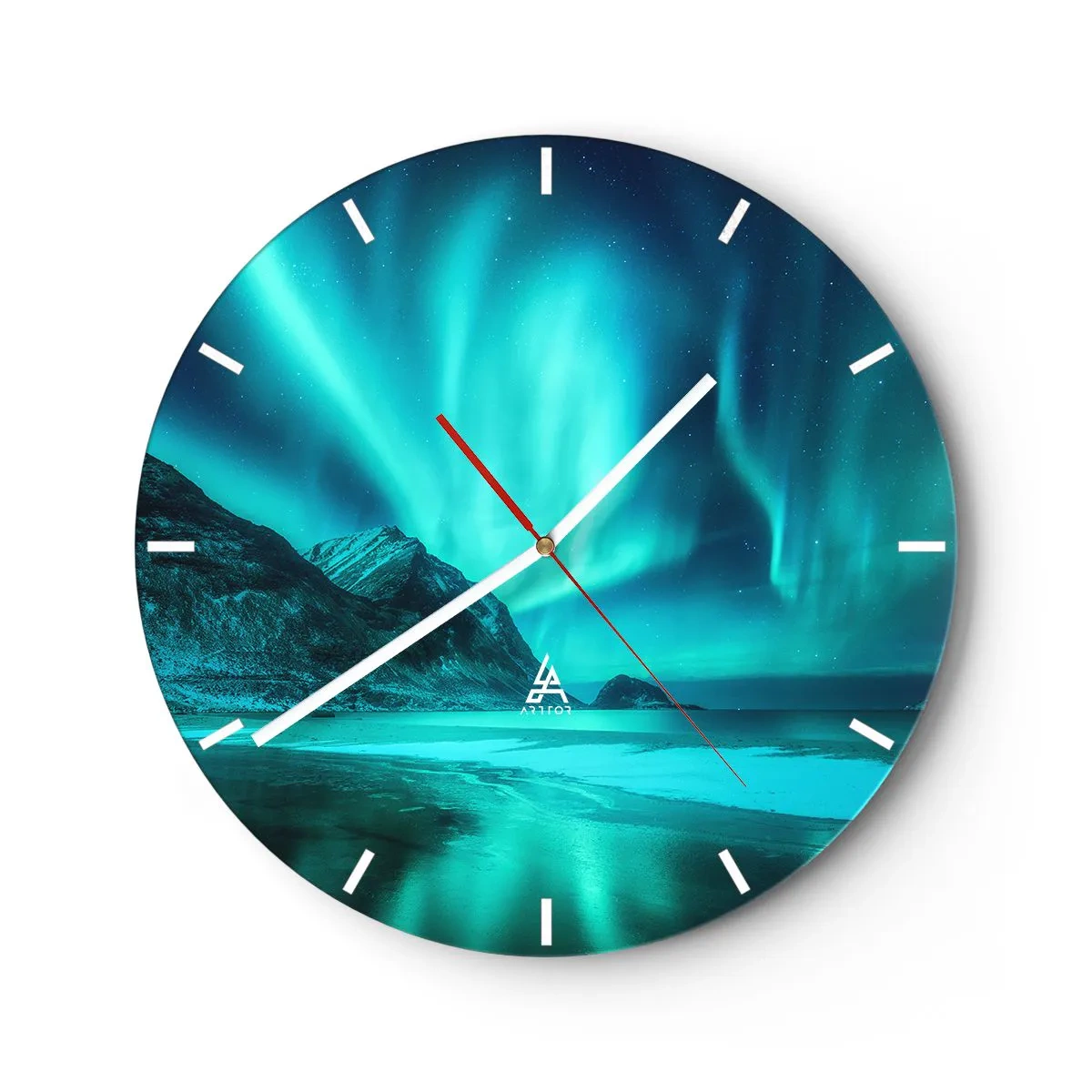 Väggklocka - Klocka på glas - Aurora Borealis över den bergiga kusten på natten - 30x30cm - Nordens underverk - Modern väggdekoration för vardagsrum, kök och sovrum ARTTOR