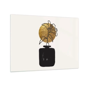 Glastavla - Bild på glas - Minimalistisk grafik med en blomma i en guldfärgad cirkel och en svart vas - 70x50cm - Guldvärd skönhet - Modern väggdekoration för vardagsrum och sovrum ARTTOR