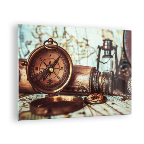 Glastavla - Bild på glas - En antik kompass och karta mot bakgrund av piratäventyr - 70x50cm - Piratäventyret i Karibien väntar - Modern väggdekoration för vardagsrum och sovrum ARTTOR