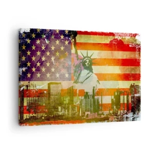 Canvastavla - Bild på duk - Frihetsgudinnan mot bakgrund av den amerikanska flaggan och stadens silhuett - 70x50cm - Viva America! - Modern väggdekoration för vardagsrum och sovrum ARTTOR
