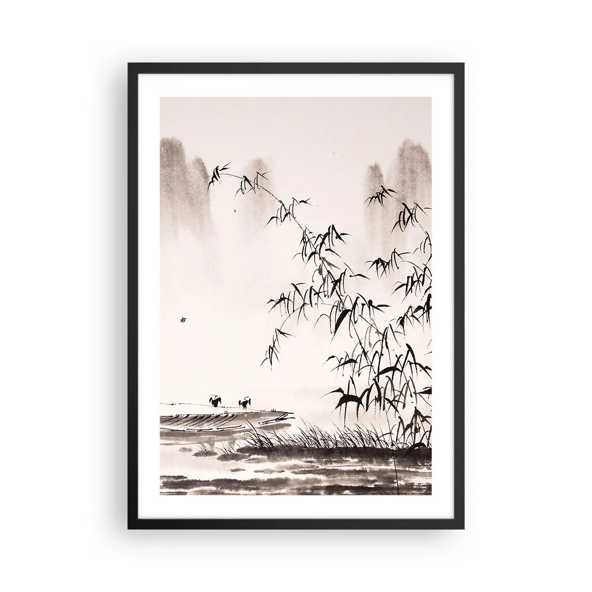 Affisch i svart ram - Ett minimalistiskt landskap med bambu i orientalisk stil. - 50x70cm - Risfältens tystnad - Modern väggdekoration för vardagsrum och sovrum ARTTOR