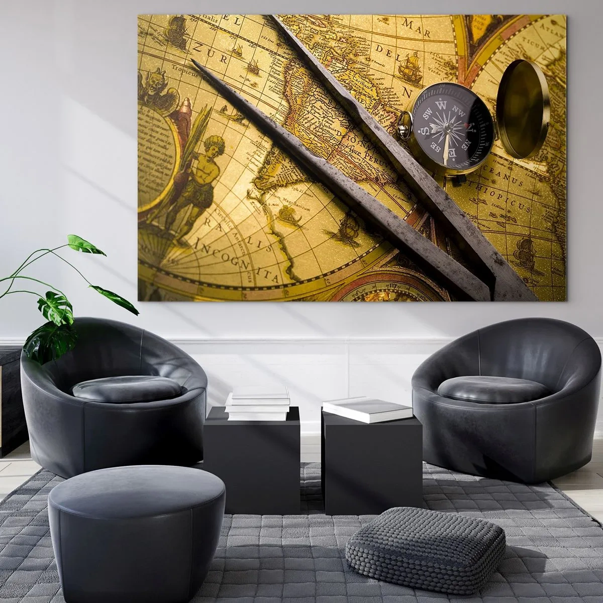 Glastavla - Bild på glas - Gammal karta med kompass och kompass - 70x50cm - Var är skatterna? - Modern väggdekoration för vardagsrum och sovrum ARTTOR