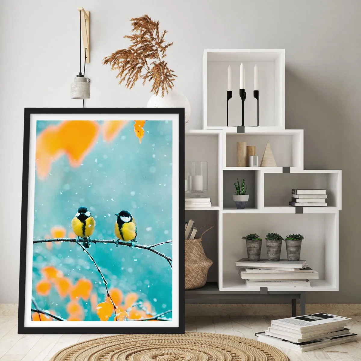 Affisch i svart ram - Två bröst som sitter på en gren i ett vinterlandskap - 50x70cm - Fåglarnas skvaller - Modern väggdekoration för vardagsrum och sovrum ARTTOR