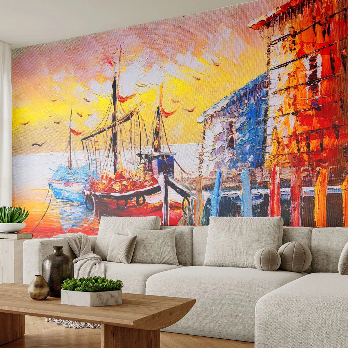 Självhäftande Fototapet Deluxe Sticker - Lycklig återresa - Landskap, Fiskarens hamn, Båtar - 250x175 cm